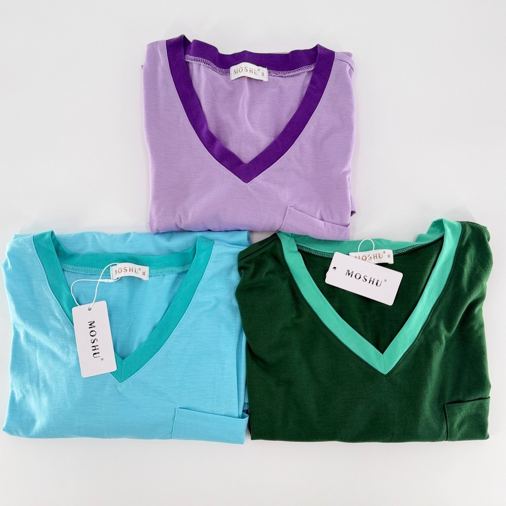 MOSHU Women's Extra Large V-Neck Pocket T-Shirts Colorblock Lot of 3